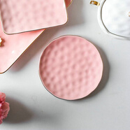 TENGTOO 歐式白色金邊盤(pán)子ins風(fēng)花邊甜點(diǎn)碟子甜品盤(pán)浮雕陶瓷餐具蕾絲 粉色圓碟(尺寸小不能裝菜) 6英寸