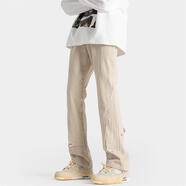 衣然呈品美式微喇設計感牛仔褲男高街潮牌黑色綁帶直筒休閑寬松長(cháng)褲子男士 杏色【D款】 2XL【建議145-160斤】