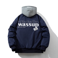 美式復古寬松加厚棒球棉服飛行員夾克男女情侶bf上衣冬季潮牌外套 深藍【冬季棉衣款】帶帽可拆卸 2XL