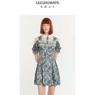 LULUALWAYS我愛露露24夏季新款時(shí)尚娃娃領(lǐng)露肩花邊袖短款連衣裙 綠色 L