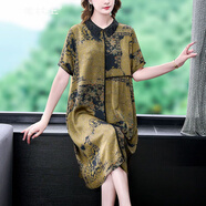 意枕上闊太太直筒中年媽媽裝真絲連衣裙夏新款女顯瘦裙子長(cháng)款連衣裙 圖片色 2XL 建議120-135斤