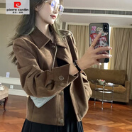 皮爾卡丹（pierre cardin）咖色鹿皮絨外套女短款2025春秋款韓系寬松休閑復古小個(gè)子夾克上衣 咖色【春秋款/帶里襯】 S 【建議80-95斤】