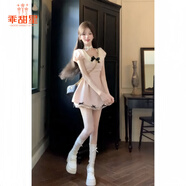 乖甜星熱戀千金風(fēng)連衣裙女夏季收腰顯瘦設(shè)計(jì)感純欲甜美蝴蝶結(jié)氣質(zhì)短裙子 粉色連衣裙(胸部無蝴蝶結(jié)，介意勿拍) 蓬蓬短裙 S 【建議90-100斤】