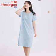 三槍夏季透氣女士純棉睡裙薄款可愛(ài)清新印花圓領(lǐng)短袖短裙甜美風(fēng)家居裙 水藍月亮 L /165(適合體重95-110斤）