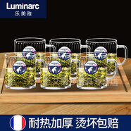 樂美雅（Luminarc）法國樂美雅耐熱鋼化玻璃杯子家用茶杯帶把水杯大容量泡茶杯加厚綠 豎紋500ml【六支】+竹盤
