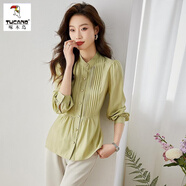 啄木鳥(niǎo)襯衫女2025早春新款立領(lǐng)設計感小眾洋氣收腰襯衣裙擺長(cháng)袖法式上衣 果綠色 M 95-105