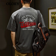 OLOEY 香港潮牌260g重磅夏季美式復(fù)古圓領(lǐng)短袖t恤男寬松大碼半袖體恤潮 灰色 M 110-130斤