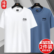 JEEP SPIRIT吉普2024新款純棉短袖T恤男寬松薄款男士夏季休閑半袖體恤打底衫 D01白色+霧霾藍 2XL(建議135-150斤)