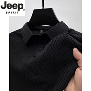 JEEP SPIRIT特大碼300斤網(wǎng)眼冰絲短袖t恤男襯衫領(lǐng)夏季純色polo.衫半袖上衣 黑色 5XL 建議190-220斤