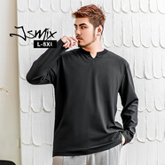 Jsmix潮牌大碼男裝寬松加大碼顯瘦簡約休閑風秋冬季V領(lǐng)高彈純色長袖T恤 黑色 常規(guī) 8XL