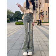 趣米樂微喇牛仔褲女春夏季新款小個(gè)子高腰顯瘦窄版直筒小眾休閑喇叭褲子 復(fù)古藍(lán) M