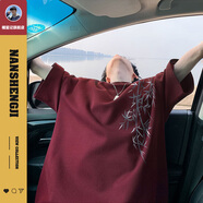 楠笙記潮流新中式男裝t恤中國風(fēng)白色短袖夏天潮牌重磅純棉男生半袖上衣 酒紅色 L