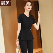 晨芙短袖職業(yè)裝女裝套裝夏薄款時(shí)尚氣質(zhì)前臺美容師院工裝珠寶店工作服 黑色上衣+九分褲 3XL 建議130-140斤