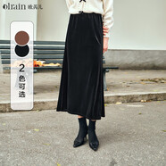 Olrain歐芮兒黑色絲絨半身裙女秋冬年新款高腰氣質(zhì)顯瘦半裙 黑色 S