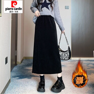 皮爾卡丹（pierre cardin）燈芯絨半身裙女秋冬季新款裙子松緊高腰a字中長裙開叉顯瘦加絨裙 黑色#【冬季款】 加絨 M 建議96-105斤