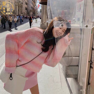 蔓草寇寬松毛衣女套頭慵懶彩虹溫柔毛衣小仙女寬松套頭網(wǎng)紅絨慵懶打底針 粉紅色