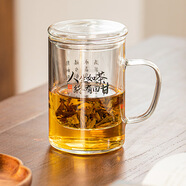綠昌明玻璃茶杯茶水分離杯帶過濾內(nèi)膽茶具耐熱把手玻璃刻度水杯家用泡茶 無刻度-印花 人生如茶 430ml 1只