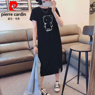 皮爾卡丹（pierre cardin）2024純棉短袖長裙寬松休閑過膝恤裙簡約中長款連衣裙女顯瘦夏季針 黑色(背影熊款) XL 125-145斤