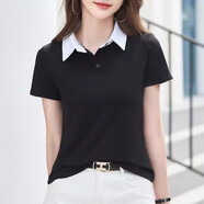 韓依索絲女裝翻領(lǐng)短袖t恤衣服ins潮夏季新款韓版寬松顯瘦帶領(lǐng)體恤半袖上衣 黑色 3XL