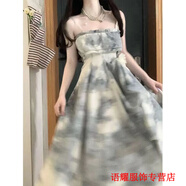 風(fēng)曉薇溫柔風(fēng)水墨暈染裹胸裙套裝女夏季薄款遮陽(yáng)開(kāi)衫茶歇法式吊帶連衣裙 單件吊帶裙 M 95-105-遮肚子韓版連衣裙高端女裝
