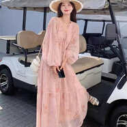 朶云離粉色v領(lǐng)長袖連衣裙韓版2025夏新款碎花仙女裙寬松甜美多巴胺長裙 粉色 M