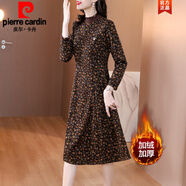 皮爾卡丹（pierre cardin）冬天碎花加絨加厚連衣裙女秋冬季2023新款中年媽冬裝配外衣打底 咖色 (加絨加厚) M (建議90-104斤)