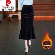 皮爾卡丹（pierre cardin）金絲絨半身裙女2025秋季新款時尚黑色包臀裙垂墜感高腰顯瘦魚尾裙 黑色- 加絨 M