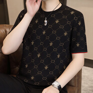 心儀男人新款秋冬季針織短袖男潮流刺繡半袖時(shí)尚圓領(lǐng)修身保暖短袖毛衣潮 8905黑色 L （115-130斤）