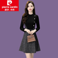 皮爾卡丹（pierre cardin）毛呢針織拼接連衣裙2025冬季新款女氣質(zhì)修身長(cháng)袖假兩件內搭打底裙 灰色 2XL