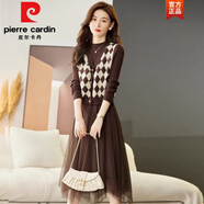皮爾卡丹（pierre cardin）網(wǎng)紗拼接針織連衣裙女春秋2025新款法式氣質(zhì)毛衣裙馬甲兩件套群裝 咖色 M