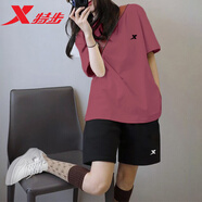 特步（XTEP）冰絲透氣運動(dòng)套裝女夏季新款速干上衣短袖寬松大碼短褲兩件套女 套裝-紫紅【男女同款偏大一碼】 升級款【酷干科技】 L