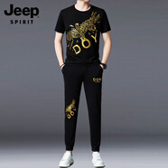 JEEP SPIRIT吉普夏季時(shí)尚休閑運(yùn)動套裝男中青年高端潮流帥氣印花冰絲短袖T恤 8000長褲褲套裝 M 100-118斤