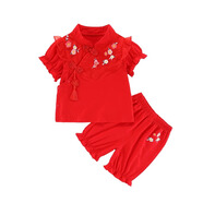 初緣鹿女寶寶嬰兒衣服夏季紅色連體衣唐裝公主一周歲禮服抓周百歲宴套裝 花開富貴短款分體2件套 73