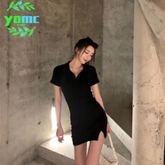 YOMC2024新款法式高級(jí)感設(shè)計(jì)感小眾性感辣妹polo領(lǐng)包臀連衣裙子女夏裝 X359黑色 L [推薦105-120斤]