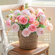 迷.妝牡丹仿真花絹花室內假花干花玫瑰花花束餐桌花擺設客廳裝飾花擺件 草編籃+5香檳5粉紅5奶粉牡丹