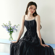 樂(lè )町精致吊帶連衣裙飄逸仙女長(cháng)裙香風(fēng)氣質(zhì)內搭連衣裙 黑色(預售) S