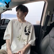 花花公子（PLAYBOY）純棉短袖t恤男新中式國風(fēng)竹子熊貓夏季300g重磅高街半袖體.恤潮牌 白色2024升級款 XL
