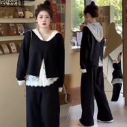 歐絲婕（OUSIJIE）大碼女裝衛(wèi)衣休閑運(yùn)動(dòng)套裝女春秋穿搭套裝連帽蕾絲闊腿褲三件套 蕾絲打底 2XL 【140-160斤】