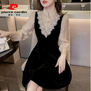 皮爾卡丹改良旗袍金絲絨洋裝子女春季春裝2024新款小個子氣質(zhì)別致小黑裙 圖片色 M