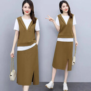 恰凡（QIAFAN）休閑時(shí)尚氣質(zhì)套裝女士2025夏新款洋氣減齡假兩件上衣半身裙一整套 咖色 M 建議100斤以內(nèi)
