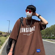 Tim Peake美式復古短袖T恤男oversize潮牌設計感小眾情侶五分袖B526 棕色 L