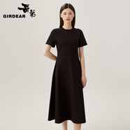 哥弟（GIRDEAR）女裝簡(jiǎn)約通勤風(fēng)圓領(lǐng)收腰中長(zhǎng)短袖A字連衣裙1500452 黑 L (4碼)