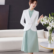 芭妃婭（BAFEIYA）新中式國風(fēng)禪意連衣裙職業(yè)工作服工裝旗袍中長(cháng)裙拼接百褶繡花高端 薄荷綠連衣裙+白色西裝外套 S