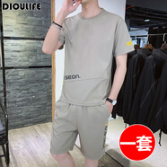 DIOULIFE夏天男士休閑套裝夏季運動套裝男衣服冰絲短袖T恤運動服套裝潮牌 955卡其 XL