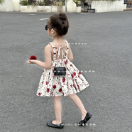 格素凡時尚童裝2025夏季新款女童復(fù)古玫瑰露背連衣裙兒童韓版吊帶背心 大紅花吊帶連衣裙 130