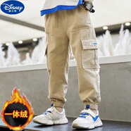 迪士尼（Disney）男童純棉褲子新款2025年春秋款潮中大童純棉褲男孩冬季加絨工裝褲 卡其色藍標加絨冬款 純棉 120 建議身高110厘米