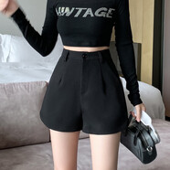 瑤益闊腿褲女2025秋冬新款韓版開(kāi)叉短褲女士高腰時(shí)尚設計休閑寬松靴褲 黑色 M