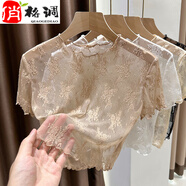俏格調(diào)蕾絲半透打底衫蕾絲打底衫女網(wǎng)紗夏季鏤空短袖圓領(lǐng)木耳邊短款吊帶 雅典黑 L