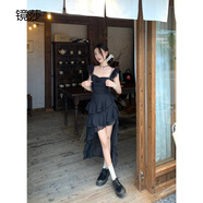 鏡莎法式吊帶連衣裙女夏季2024新品設(shè)計(jì)感氣質(zhì)收腰前短后長(zhǎng)仙女中長(zhǎng)裙 黑色 均碼（可備注碼數(shù)）
