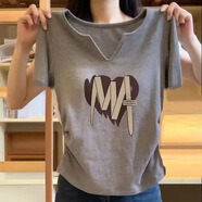 歐洛黛短袖t恤女寬松2025夏季新款顯瘦V領(lǐng)印花百搭休閑遮肚子褶皺短袖女 灰色（鞋帶）褶皺V 2XL